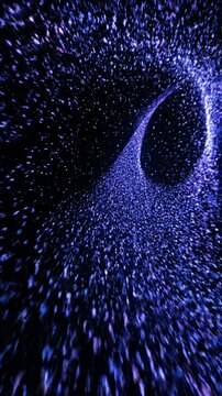 Dynamic particle flow moving rapidly along an invisible, complex, glowing blue and purple hyperbolic abstract curvature path purple, curvature, render