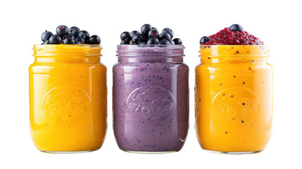 Three mason jar smoothies with fresh berries isolated on transparent background