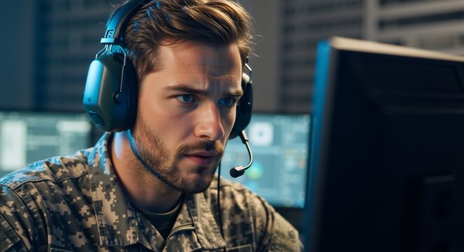 Military operator with a headset intensely focused on a computer screen. Soldier working in a command center on a surveillance or cybersecurity mission