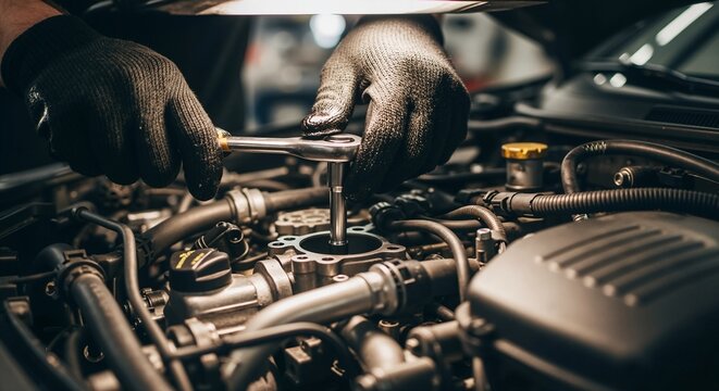 Mechanic's hands repairing a car engine with a socket wrench. Close-up of an auto technician at work in a garage. Professional vehicle maintenance and service
