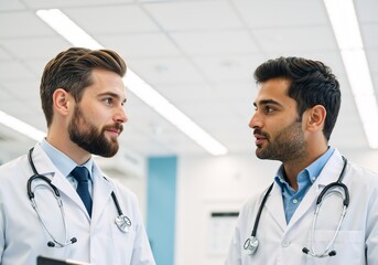 Two diverse male doctors having a discussion in a hospital. Medical colleagues collaborating on patient care. Healthcare teamwork and professional consultation