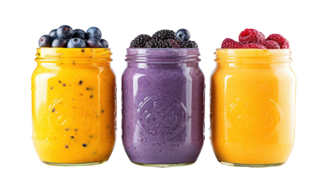 Three mason jars filled with colorful fruit smoothies isolated on transparent background