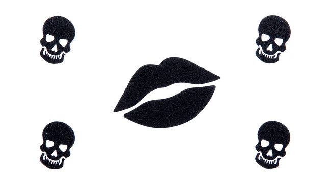 Black lips illustration surrounded by four black skulls on transparent background bold edgy gothic minimal modern dark mysterious expressive digital art - Powered by Adobe