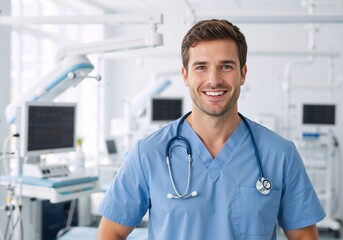 Portrait of a smiling male doctor in blue scrubs with a stethoscope. Confident healthcare professional standing in a modern hospital clinic