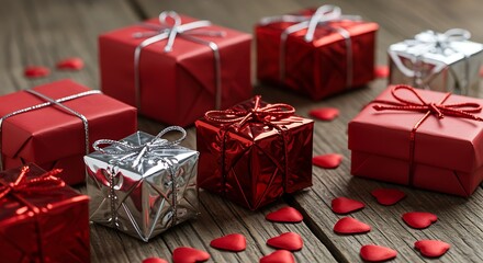 Red and silver gift boxes with heart confetti on wood present