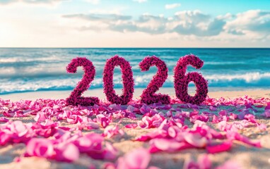 Floral 2026 beach scene celebrating a bright and beautiful new year