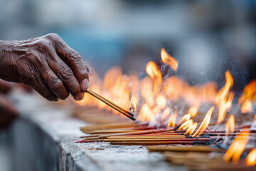 Close up, People lighting candles in temple during religious day