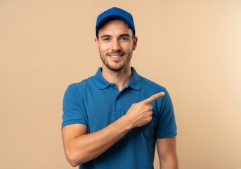 Smiling delivery man in a blue uniform pointing to the side. Happy young courier worker presenting something on a beige background with copy space for text