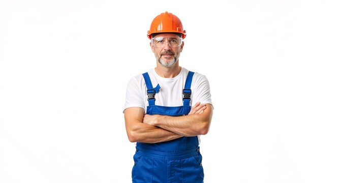 Confident middle-aged construction worker in a hard hat and overalls with arms crossed. Professional builder or handyman isolated on a white background with copy space.