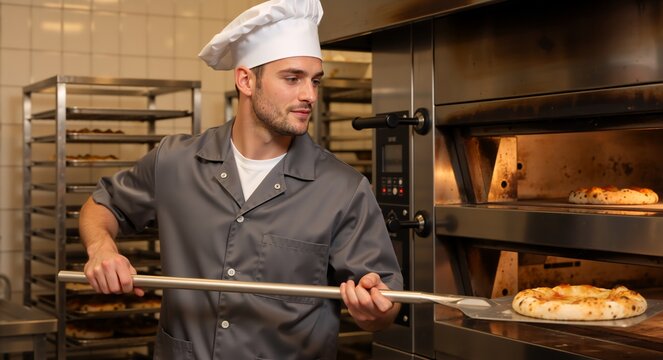 Professional male baker taking a fresh pizza out of a commercial oven. Young chef in uniform working with a pizza peel in a restaurant kitchen