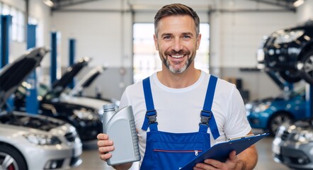 Smiling professional mechanic holding motor oil and a clipboard in a car service garage. Confident middle-aged auto technician ready for vehicle maintenance and repair