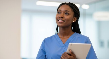 Young African American nurse in blue scrubs holding a tablet and looking up with a hopeful smile. Female medical professional in a modern hospital corridor.