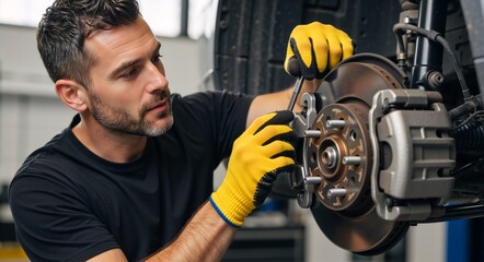 Professional auto mechanic repairing a car's brake system. Technician working on a vehicle disc brake in a garage. Automotive maintenance and service