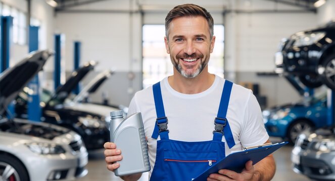 Smiling professional mechanic holding motor oil and a clipboard in a car service garage. Confident middle-aged auto technician ready for vehicle maintenance and repair