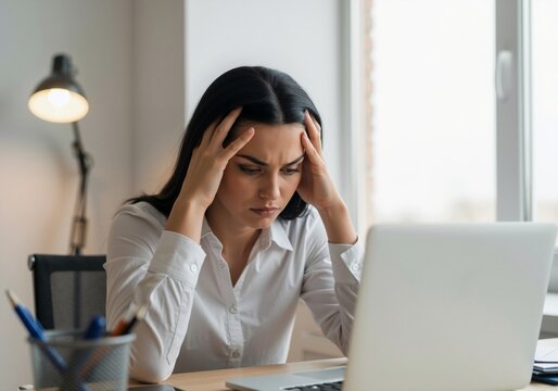 Stressed businesswoman experiencing a headache while working on a laptop in the office. Frustrated professional feeling tired from a difficult problem or deadline pressure