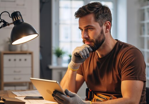 A thoughtful craftsman planning a project on a digital tablet at his desk. Professional contractor with a tool belt working in a modern home office. Small business management concept