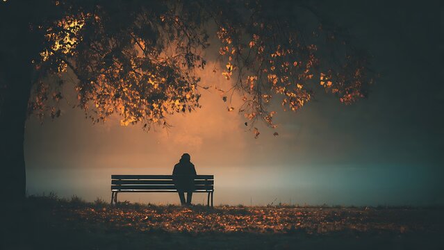 Solitary figure on a park bench in a misty autumn evening.