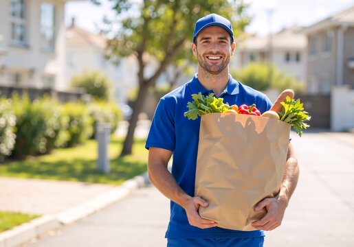 Smiling delivery man holding a paper bag of fresh groceries. Happy courier in a blue uniform providing home delivery service outdoors