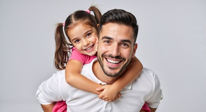 Happy father giving his smiling daughter a piggyback ride. Cheerful family portrait of a dad and child bonding isolated on a gray studio background - Powered by Adobe