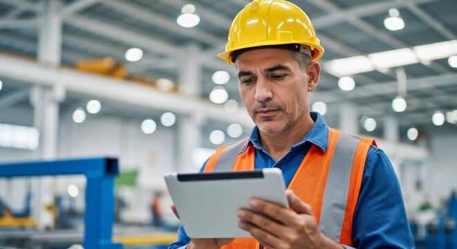 Male engineer in a hard hat using a digital tablet inside a factory. Industrial worker supervising production at a manufacturing plant - Powered by Adobe