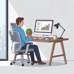 Man working at desk focused on computer screen in office.