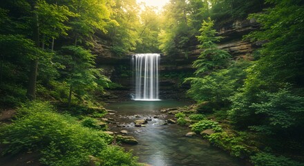 Lush waterfall cascades amidst vibrant green foliage in sunlit forest setting