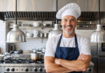 Happy male chef standing in a professional restaurant kitchen. Portrait of a confident middle-aged cook with arms crossed. Culinary expert and small business owner
