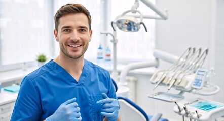 Portrait of a smiling male dentist in a modern clinic. Professional healthcare worker in blue scrubs posing in his office with dental equipment