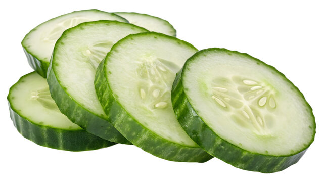 Fresh green cucumber slices isolated on a white background, perfect for a healthy salad ingredient