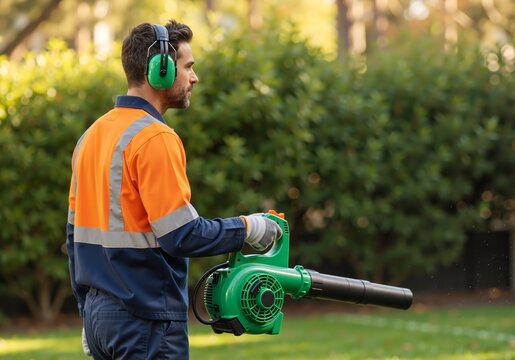 Professional gardener holding an electric leaf blower in a garden. Man wearing safety ear defenders and high-visibility workwear for yard maintenance