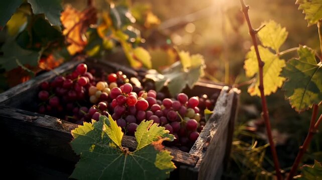 A closeup shot of a wooden crate filled with grapes, set against a backdrop of a sunlit vineyard. The grapes are a mix of red, purple, and white, and the leaves are a vibrant green.