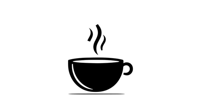 animated icon of a coffee cup. steam is rising from a cup of hot coffee, Minimal 2D silhouette graphic, Black icon of a coffee cup with white background in 4K