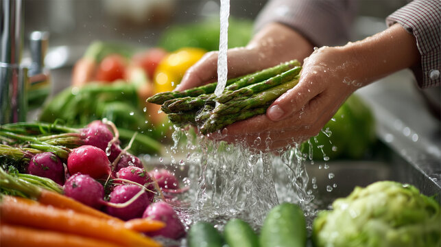 fresh vegetables being washed under running water, choosing fresh ingredients, - Powered by Adobe