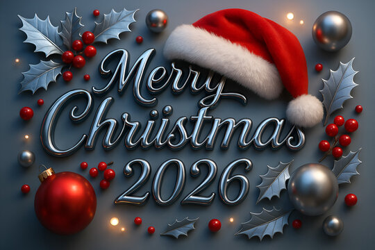 Merry Christmas 2026 typography design 3D illustration with Santa hat silver ornaments and holly berries