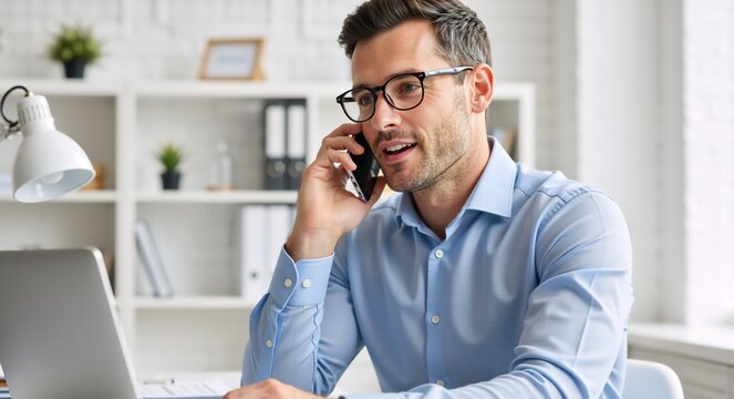 A smiling businessman talking on the phone while working on a laptop in a modern office. Professional male employee making a business call at his desk - Powered by Adobe