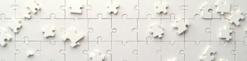 A scattering of plain, unadorned puzzle pieces on a neutral background, ready to be assembled  Perfect for concepts of simplicity, problem-solving, or incomplete projects ,  minimal,  monochrome