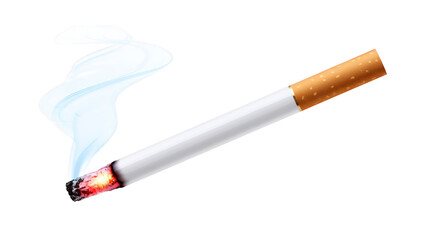 Burning cigarette with white smoke, brown filter, and ash, isolated on transparent background, symbolizing addiction, health risk, and stress relief