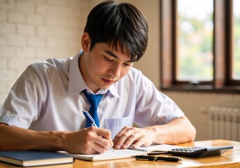 A focused male student in a school uniform writing in a notebook at a desk. Young man concentrating on studying and doing homework for an exam