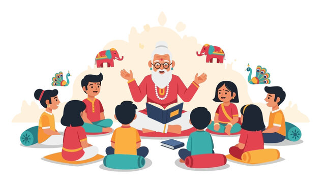 A charming flat design illustration showcasing an Indian storyteller captivating a group of children with tales at a literature festival. 