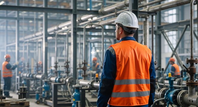 Male engineer in a hard hat and safety vest supervising a manufacturing plant. Industrial worker inspecting machinery and pipelines in a factory
