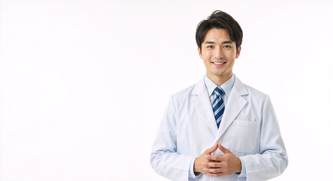 A friendly young Asian doctor in a white lab coat smiling at the camera. Professional male healthcare worker or scientist isolated on a white background with copy space