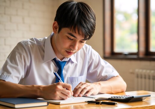 A focused male student in a school uniform writing in a notebook at a desk. Young man concentrating on studying and doing homework for an exam - Powered by Adobe