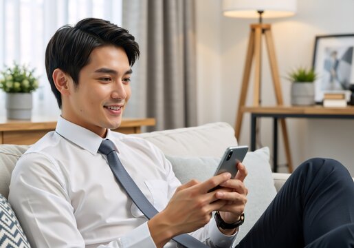 Smiling Asian businessman using a smartphone while relaxing on a sofa at home. Young professional man checking his mobile phone in a modern living room - Powered by Adobe