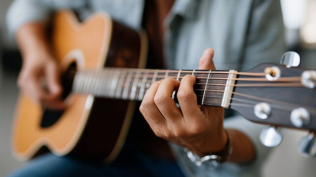 someone tuning a guitar while learning music basics, soft natural lighting, 