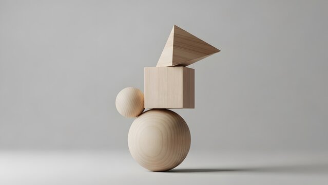 Precarious stack of wooden geometric shapes on a minimalist background, representing balance and instability.