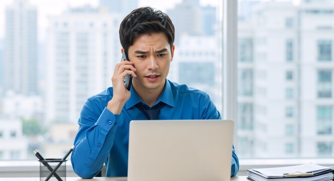 Concerned Asian businessman talking on the phone while looking at his laptop in a modern office. Stressed professional dealing with a work problem or bad news