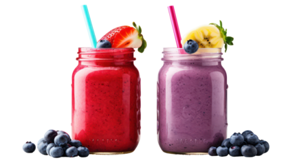 Two colorful fruit smoothies in mason jars isolated on transparent background