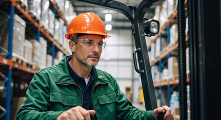 A focused warehouse worker operating a forklift in a large distribution center. Male industrial operator wearing a hard hat and safety glasses on the job. Logistics and supply chain management