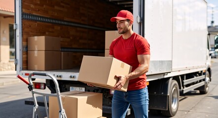 Delivery man in a red uniform unloading cardboard boxes from a truck. Professional mover carrying a package for a relocation service