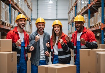 A happy diverse team of warehouse workers celebrating success in a distribution center. Cheerful group of logistics employees showing teamwork and achievement